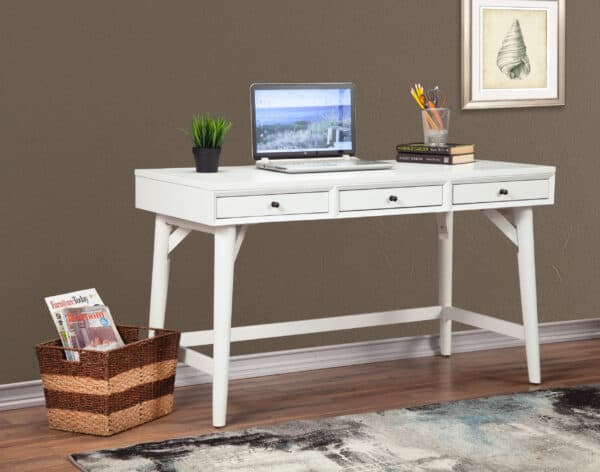 White Mid Century Modern Mahogany Desk with Three Drawers