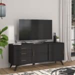 Black Mid Century Modern Mahogany TV Console with Rolling Doors 21 Black Mid Century Modern Mahogany TV Console with Rolling Doors