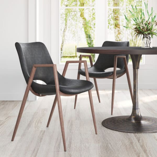 Black Walnut Mid-Century Faux Leather Dining Chairs with Armrests (Set of 2)