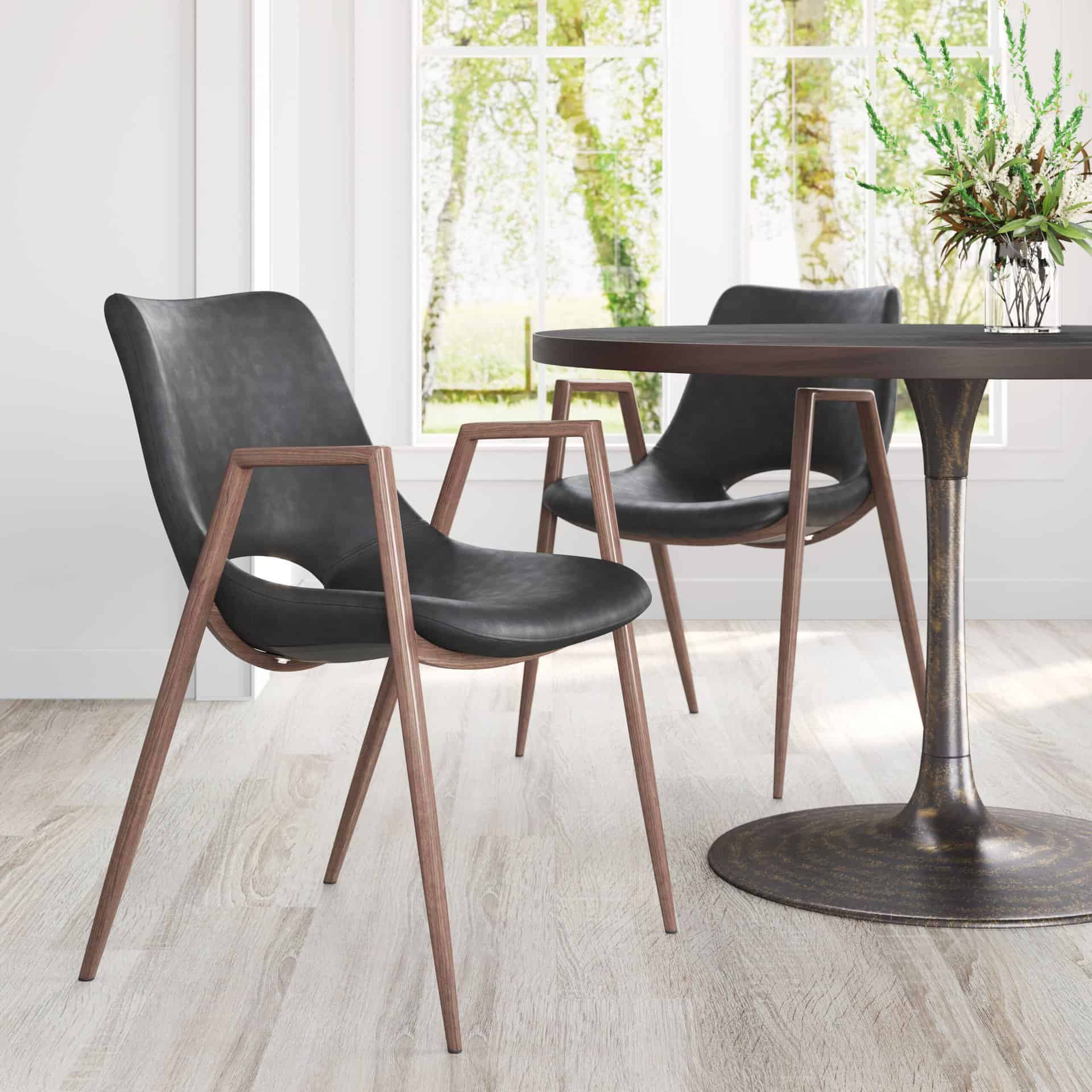 Black Walnut Mid-Century Faux Leather Dining Chairs with Armrests (Set of 2)