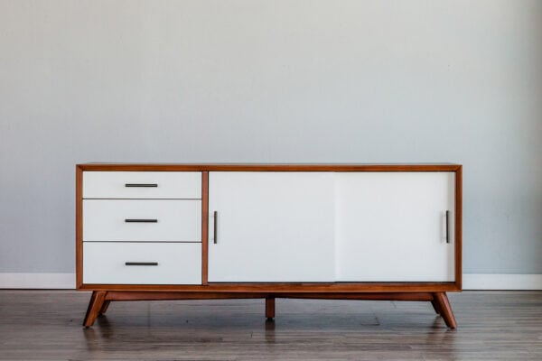 Mid Century Acorn and White Mahogany TV Console