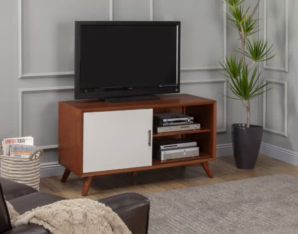 Mid Century Modern Mahogany TV Console Acorn and White