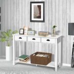 White Wooden Console Table with Drawers and Shelves for Storage