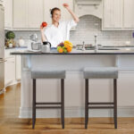 Gray Upholstered Saddle Bar Stools 29 Inch Height with Nailhead (Set of 2)