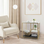 3 Tier Marble End Table with Storage Shelves and Golden Frame