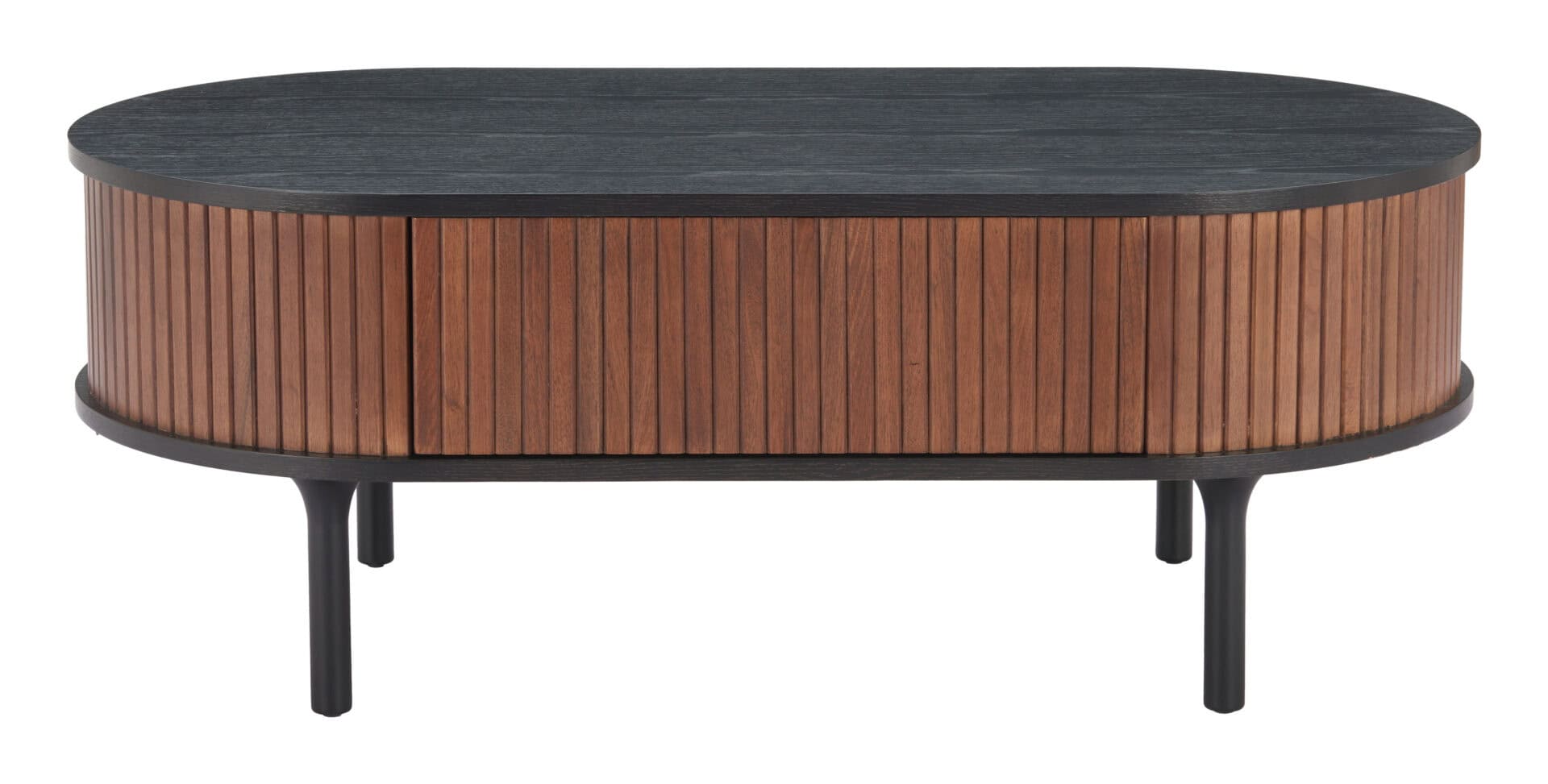 Black & Walnut Coffee Table with Storage Drawer and Oval Top 3 Black & Walnut Coffee Table with Storage Drawer and Oval Top - Image 3