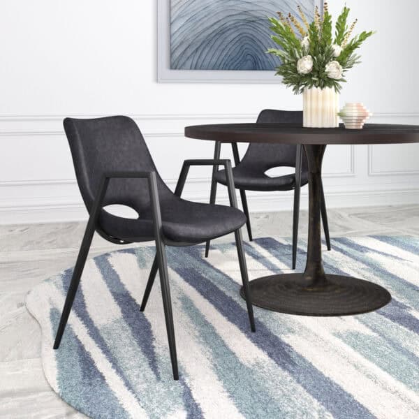 Black Faux Leather Dining Chair with Steel Frame and Armrests (Set of 2)