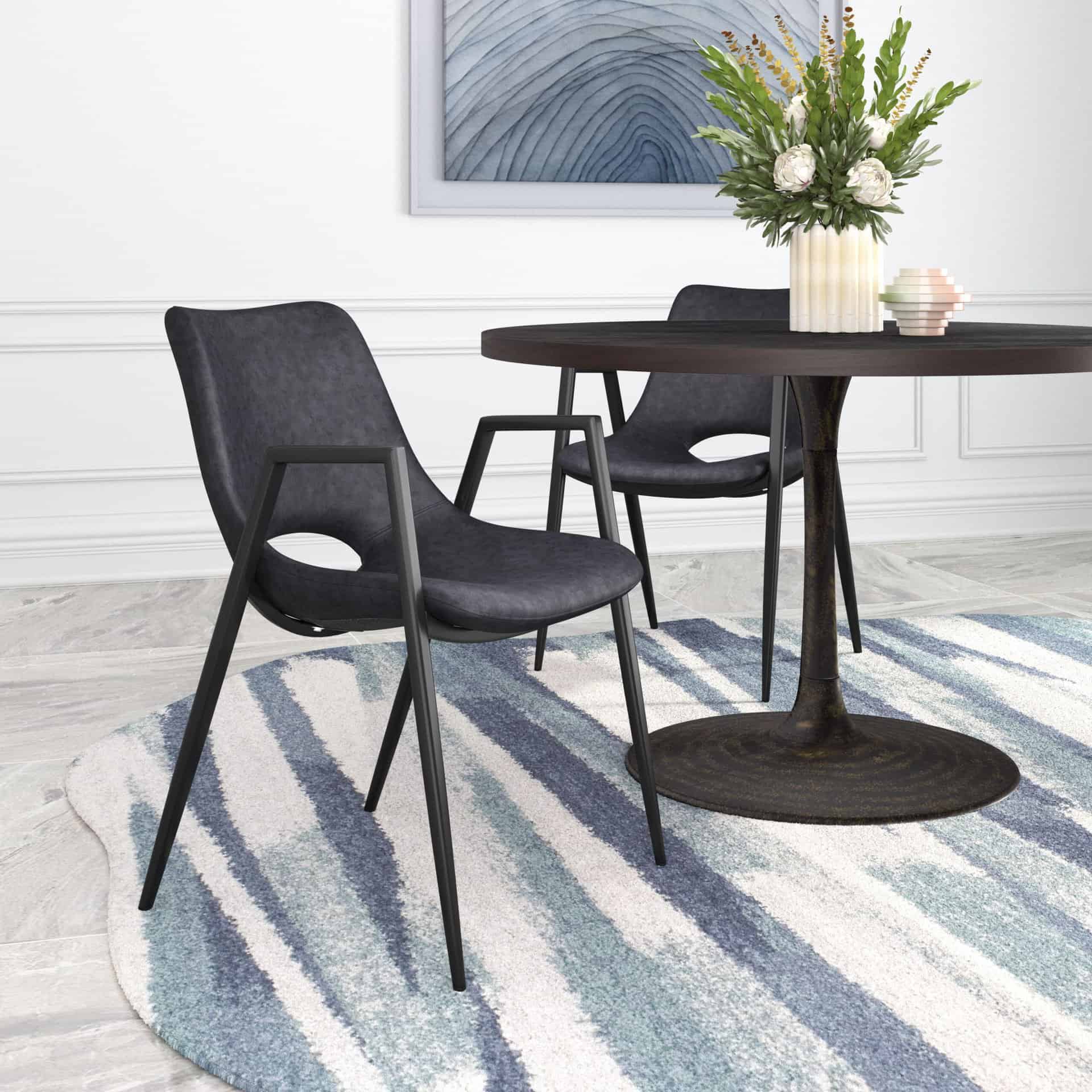 Black Faux Leather Dining Chair with Steel Frame and Armrests (Set of 2)