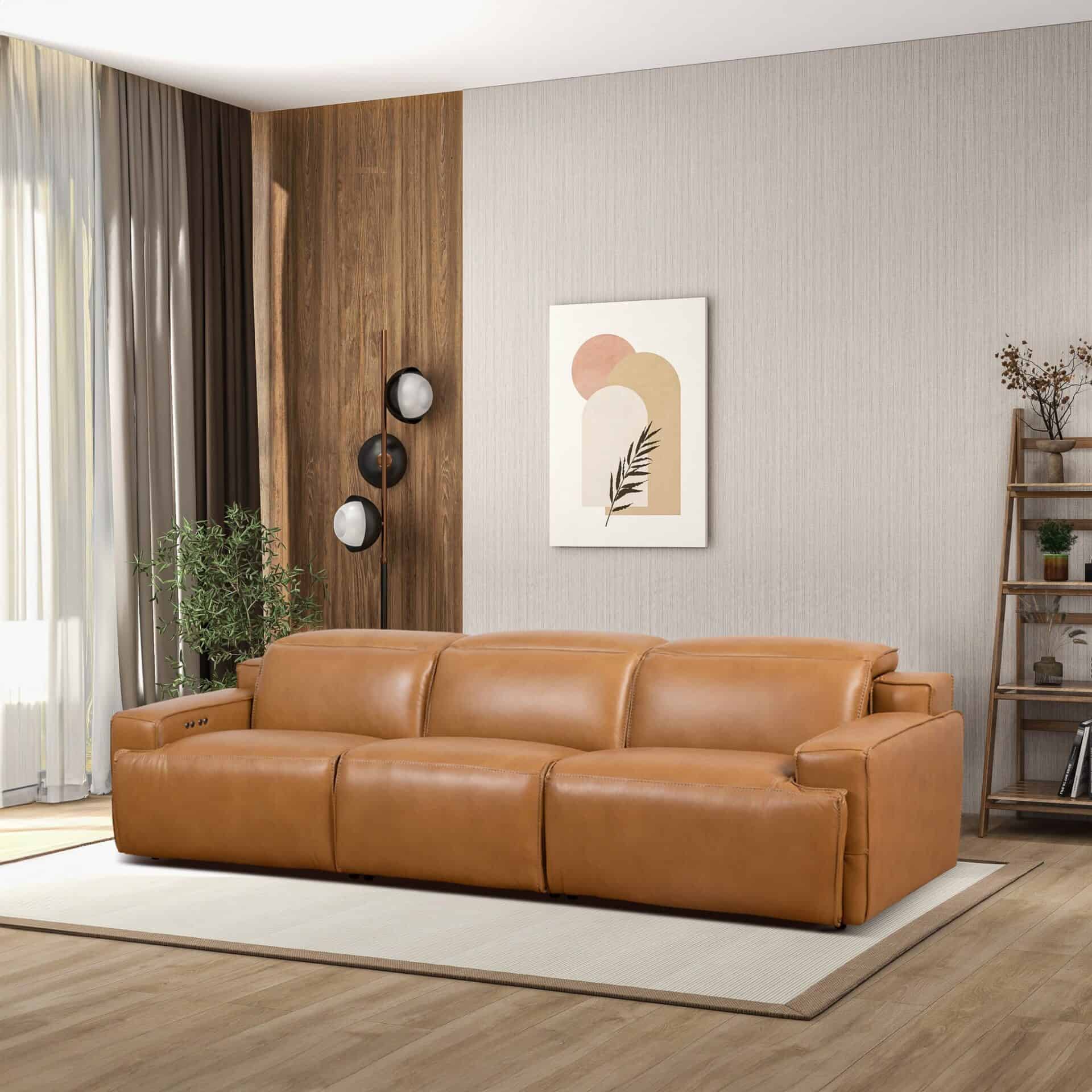 Triple Power Recliner Sofa Tan Leather With Adjustable Comfort 3 Triple Power Recliner Sofa Tan Leather With Adjustable Comfort - Image 3
