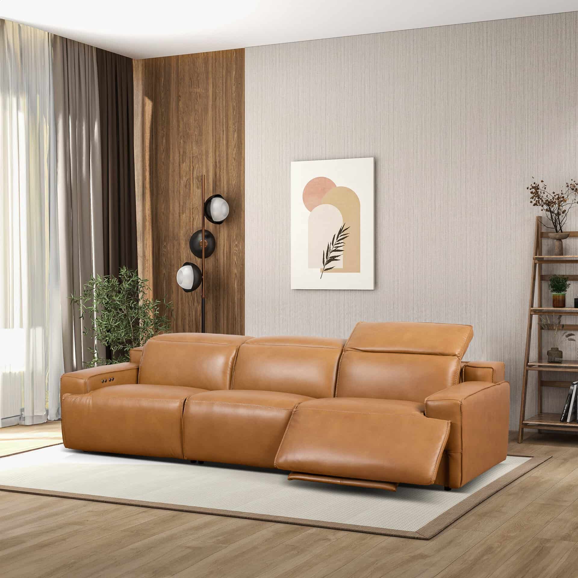 Triple Power Recliner Sofa Tan Leather With Adjustable Comfort 12 Triple Power Recliner Sofa Tan Leather With Adjustable Comfort