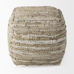 Aadhya 16.0L x 16.0W x 16.0H Taupe/Silver Leather and Cotton Pouf
