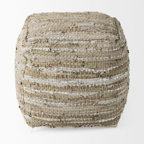 Aadhya 16.0L x 16.0W x 16.0H TaupeSilver Leather and Cotton Pouf 2