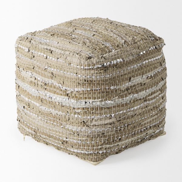 Aadhya 16.0L x 16.0W x 16.0H TaupeSilver Leather and Cotton Pouf 3