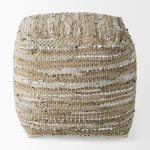 Aadhya 16.0L x 16.0W x 16.0H Taupe/Silver Leather and Cotton Pouf