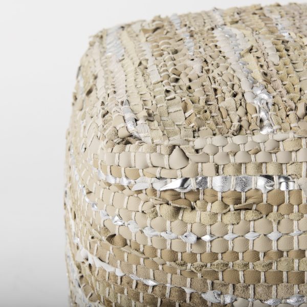 Aadhya 16.0L x 16.0W x 16.0H TaupeSilver Leather and Cotton Pouf 5
