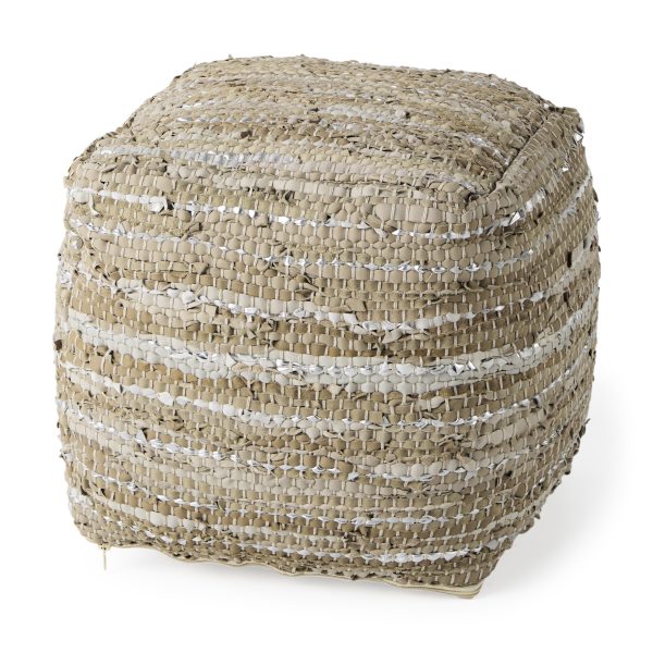 Aadhya 16.0L x 16.0W x 16.0H TaupeSilver Leather and Cotton Pouf