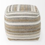 Aahana 16.0L x 16.0W x 16.0H White/Taupe/Gray Striped Hemp and Cotton Pouf