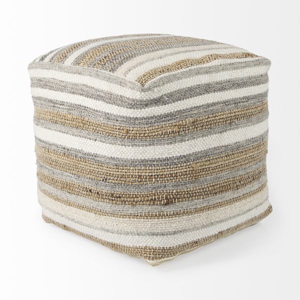Aahana 16.0L x 16.0W x 16.0H WhiteTaupeGray Striped Hemp and Cotton Pouf 4