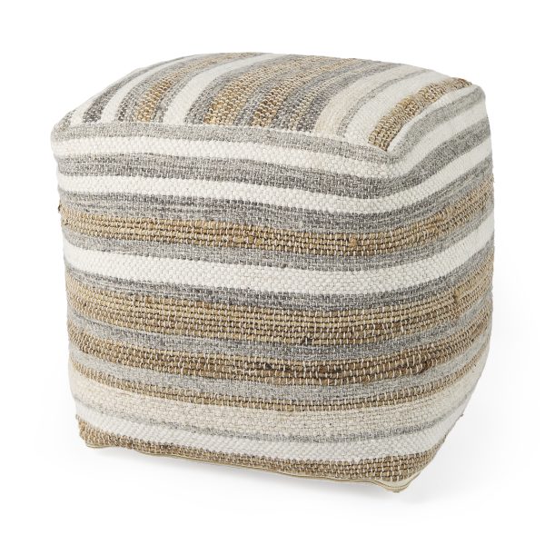 Aahana 16.0L x 16.0W x 16.0H WhiteTaupeGray Striped Hemp and Cotton Pouf