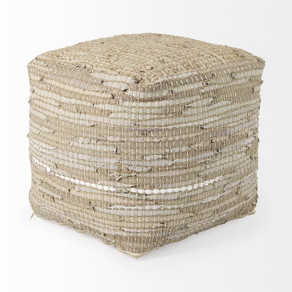Aalia 16.0L x 16.0W x 16.0H Beige Leather and Jute Pouf 2