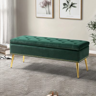 Achilles Green Tufted Nailhead Trim Storage Bench