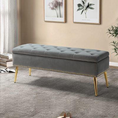 Achilles Grey Tufted Nailhead Trim Storage Bench