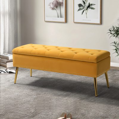 Achilles Mustard Tufted Nailhead Storage Bench