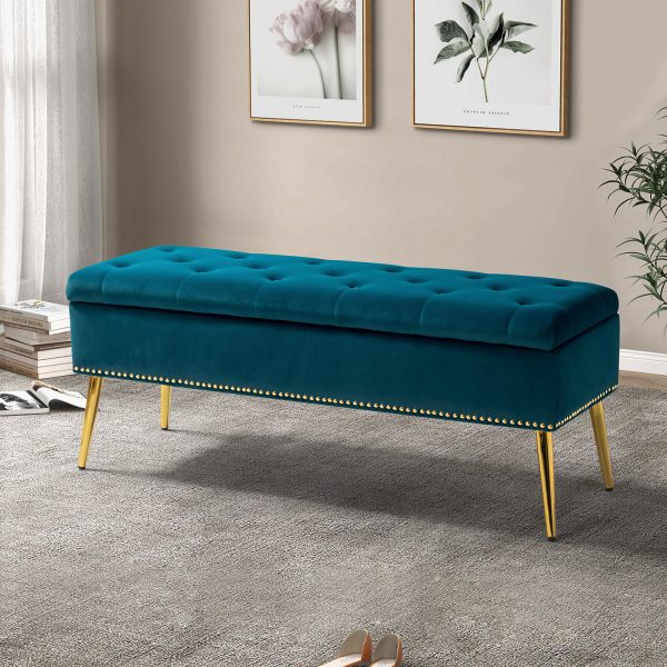 Achilles Teal Tufted Nailhead Storage Bench