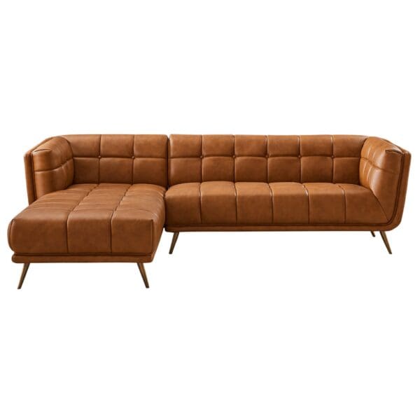 Cognac Leather Left Sectional Sofa with Plush Foam Cushions
