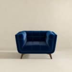 Blue Velvet Lounge Chair with Tufted Interior and Walnut Legs