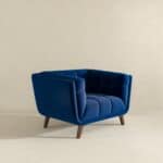 Blue Velvet Lounge Chair with Tufted Interior and Walnut Legs