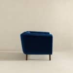 Blue Velvet Lounge Chair with Tufted Interior and Walnut Legs