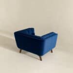 Blue Velvet Lounge Chair with Tufted Interior and Walnut Legs