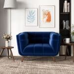 Blue Velvet Lounge Chair with Tufted Interior and Walnut Legs