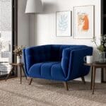 Blue Velvet Lounge Chair with Tufted Interior and Walnut Legs