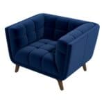 Blue Velvet Lounge Chair with Tufted Interior and Walnut Legs