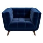 Blue Velvet Lounge Chair with Tufted Interior and Walnut Legs
