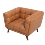 Cognac Leather Lounge Chair with Tufted Interior and Walnut Legs