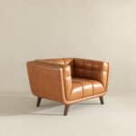 Cognac Leather Lounge Chair with Tufted Interior and Walnut Legs