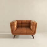 Cognac Leather Lounge Chair with Tufted Interior and Walnut Legs