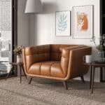 Cognac Leather Lounge Chair with Tufted Interior and Walnut Legs
