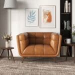 Cognac Leather Lounge Chair with Tufted Interior and Walnut Legs