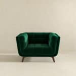 Green Velvet Lounge Chair with Mid-Century Walnut Wood Legs