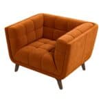 Orange Velvet Lounge Chair with Tufted Interior and Walnut Legs