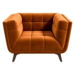 Orange Velvet Lounge Chair with Tufted Interior and Walnut Legs