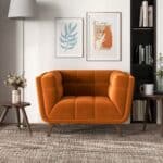 Orange Velvet Lounge Chair with Tufted Interior and Walnut Legs