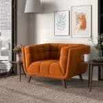 Orange Velvet Lounge Chair with Tufted Interior and Walnut Legs