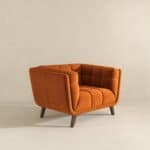 Orange Velvet Lounge Chair with Tufted Interior and Walnut Legs
