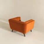 Orange Velvet Lounge Chair with Tufted Interior and Walnut Legs
