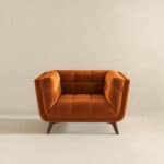 Orange Velvet Lounge Chair with Tufted Interior and Walnut Legs